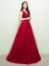 Burgundy Prom Dress Tulle Floor Length Occasion Dress V Neck Sleeveless Bow Pleated A Line Party Dress