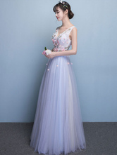 Tulle Prom Dress Baby Blue 3D Flower Occasion Dress V Neck Sleeveless Floor Length A Line Party Dress