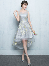 Light Grey Prom Dress Illusion High Low Homecoming Dress Satin Jewel Sleeveless Embroidered A Line Cocktail Dress