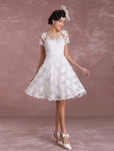 Brautkleider Vintage Tüll A-Linie- mit Bateau-Kragen Hochzeitskleid Vintage Elfenbeinfarbe knielang natürliche Taillenlinie Knöpfe Kurzarm