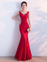 Red Evening Dress Lace Mermaid Formal Dress V Neck Beading Sleeveless Floor Length Party Dress wedding guest dress