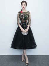 Black Cocktail Dress 2024 Short Floral Print Lace Tulle Illusion Tea Length Party Dress Free Customization