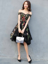 Black Prom Dresses 2024 Short Off The Shoulder Floral Print Lace Homecoming Dress