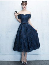 Lace Homecoming Dress 2021 Off The Shoulder Prom Dress 2024 Dark Navy A Line Tea Length Cocktail Dress