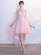 Blush Homecoming Dress Soft Pink High Low Prom Dress Tulle Strapless Sweetheart Lace Applique A Line Graduation Dress With Detachable Shawl