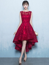 Lace Prom Dresses Burgundy High Low Cocktail Dress Illusion Sleeveless Short Party Dresses