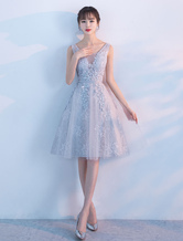 Lace Light Gray Cocktail Dress Short Prom Dress V-Neck Knee Length Homecoming Dresses