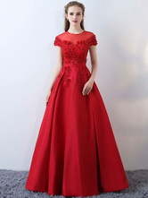 Satin Evening Dresses Burgundy Long Prom Dresses Flowers Beading Illusion Floor Length Formal Dress 