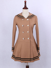 Sweet Lolita Overcoat Sailor Collar Long Sleeve Double Breasted Pleated Two Tone Light Brown Lolita Coat