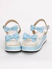 Sweet Lolita Shoes Open Toe Wedge Heel Bows Flat Blue Lolita Sandals