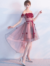 Бургундия Homecoming Dress Sash Off The Shoulder Lace Applique Line Tulle Party Dresss с коротким рукавом с высоким низким выпуском