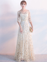 Champagne Prom Dress 2024 Sash Round Neck Half Sleeve Lace A Line Floor Length Occasion Dresses Wedding Guest Dresses