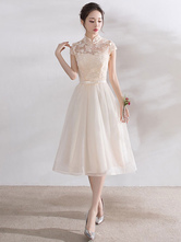 Ivory Cocktail Dress Short Mandarin Collar Lace Applique Cap Sleeve Bow Sash Illusion Organza Homecoming Dress