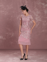 Vestito per la madre della sposa a colonna rosa Cameo al polpaccio con scollo a V maniche corte zip fiocchi bottoni in pelle 