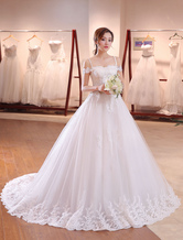 Принцесса Свадебные платья с плеча свадебное платье ремни кружева аппликация отбортовывать свадебное платье с длинным поездом