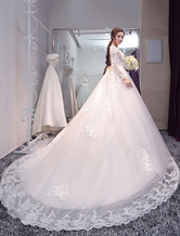 Princess Ball Gown Wedding Dresses Long Sleeve Lace Backless Illusion Bridal Gown With Long Train 