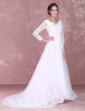 Vestido de noiva Lace em linha-A decote V com mangas compridas Fecho Com Cauda Com Anágua 