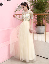 Champagne Prom Dresses Long Lace Embroidered Tulle Off The Shoulder Half Sleeve Bow Sash Floor Length Homecoming Dresses