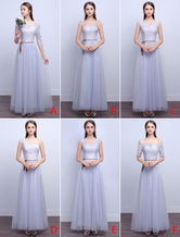 Silver Bridesmaid Dresses Long Lace Tulle A Line Ankle Length Prom Dresses