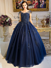 Платья принцессы Quinceanera Роскошные темно-синие кружевные аппликации с бисером и замочной скважиной длиной до пола, женское театрализованное платье, бесплатная настройка
