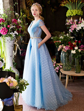 Formelle Anlässe Kleid mit Schnürung 20cm und kurzen Ärmeln und V-Ausschnitt Babyblau 