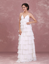 Beach Wedding Dresses Ivory V Neck Boho Wedding Gown Tiered Ruffles Spaghetti Straps Floor Length Summer Bridal Dress
