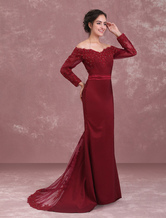 Burgundy Evening Dresses Off The Shoulder Mother Of The Bride Dress Lace Beaded Sash Long Sleeve Wedding Party Dress With Train