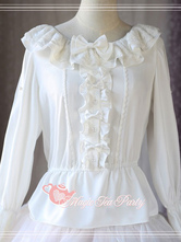 Classic Lolita Blouse Magic Tea Party Chiffon Round Neck Long Sleeve Bows Frills White Lolita Top