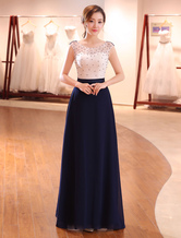 Abendkleider Dunkelmarineblaues Spitzenformelles Kleid Illusion Perlen Kontrastfarbe Bodenlanges Kleid für Hochzeitsgäste
