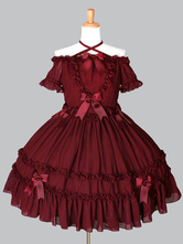 Vestito da Lolita gotico maniche corte borgogno in chiffon pieghettature fiocchi con scollo a barchetta monocolore 