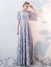 Prom Dress 2024 Long Light Grey Cold Shoulder Prom Dress 2024 Lace Stand Collar Floor Length Wedding Guest Dresses