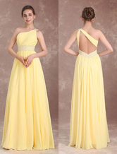 Long Bridesmaid Dresses Daffodil One Shoulder Prom Dress Chiffon Beading Back Design Floor Length Wedding Party Dress