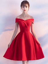 Robes de cocktail 2024 en satin rouge Hors de l'épaule courte Robe de rentrée longueur genou A ligne robe de soirée