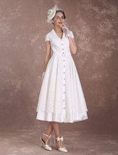 Vintage Wedding Dress Short Sleeve Ivory 1950's Vintage Button Up A Line Tea Length Wedding Reception Dress Milanoo