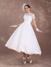 Brautkleider Vintage Spitze A-Linie- mit Bateau-Kragen Hochzeitskleid Vintage Elfenbeinfarbe wadenlang natürliche Taillenlinie Knöpfe Kurzarm
