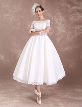 Short Wedding Dresses Vintage Bridal Dress 1950 Bateau Lace Short Sleeve Ivory Bow Sash Tea Length Wedding Reception Dress Free Customization