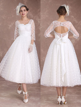 Brautkleider Vintage A-Linie- Elfenbeinfarbe V-Ausschnitt Hochzeitskleid Vintage Spitze 3/4 Ärmel wadenlang Hochzeit natürliche Taillenlinie