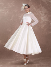 Short Wedding Dresses 1950S Vintage Bridal Dress Long Sleeve Sweetheart Neckline Satin Ivory Rockabilly Bridal Dress Free Customization