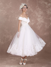 Brautkleider Vintage Tüll A-Linie- mit Carmenausschnitt Elfenbeinfarbe wadenlang natürliche Taillenlinie und Reißverschluss Kurzarm
