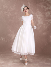 Brautkleider Vintage Spitze A-Linie- viereckiger Ausschnitt Elfenbeinfarbe wadenlang natürliche Taillenlinie mit Reißverschluss Kurzarm