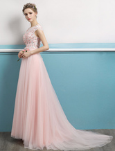 Prom Dress 2024 Soft Pink Long Flowers Beaded Open Back Bow Sash Sleeveless Tulle Party Dresses Wedding Guest Dresses