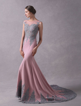 Evening Dresses Mermaid Cameo Pink Lace Beaded Bateau Sleeveless Illusion Formal Dresses With Train
