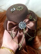 Steampunk Lolita Hat Tweed Satin Bow Cadena Metálica Marrón Oscuro Lolita Accesorio para el Cabello