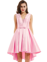 Cocktailkleid Soft Pink V-Ausschnitt High Low Asymmetrische Schleife Sash Short Graduation Party Dress