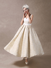 Brautkleider Vintage Prinzessin Champagner Herz-Ausschnitt Satingewebe ärmellos wadenlang Hochzeit natürliche Taillenlinie mit Schnürung