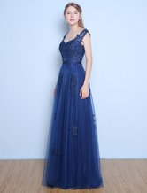 Prom Dresses Long Dark Navy Lace Beading Tulle Sash Floor Length Formal Evening Dress