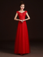 Red Evening Dresses Lace Tulle Long Prom Dress Beading Applique Sash Floor Length Formal Dress