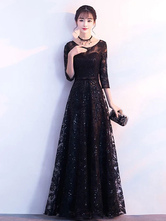 Black Prom Dresses Long Lace Sequin Evening Dress Half Sleeve Illusion Sash Floor Length Formal Gowns