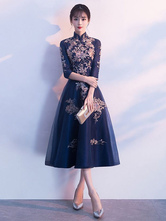 Коктейльные платья Темно-синее кружевное платье с воротником-стойкой длиной до чая Свадебное платье для гостей