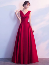 Burgundy Evening Dress 2024 Long V-Neck Sleeveless Pleated A-Line Floor Length Wedding Guest Dresses